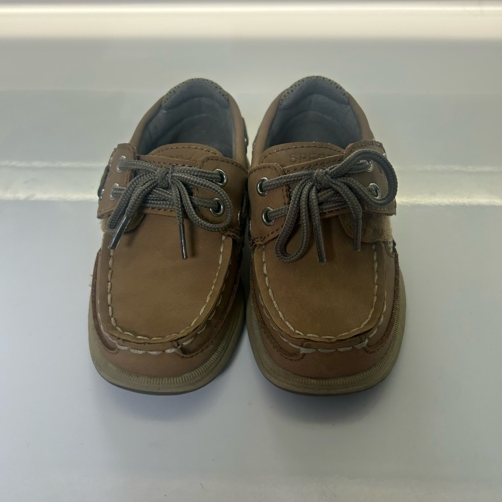 Sperry Kids Brown Moccasin Boat Shoes with Gray Laces